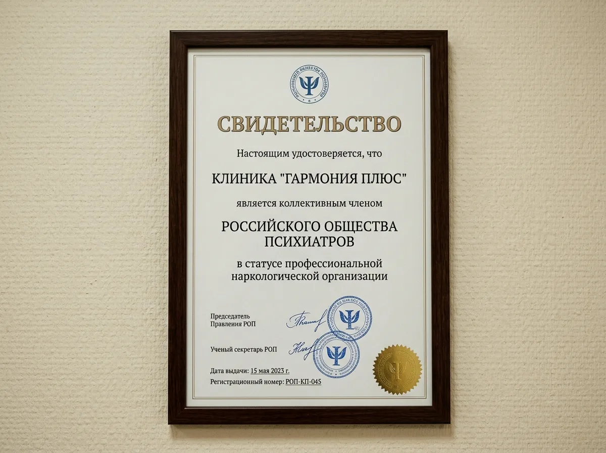 Свидетельство о членстве клиники в Российском обществе психиатров, профессиональный документ наркологической организации