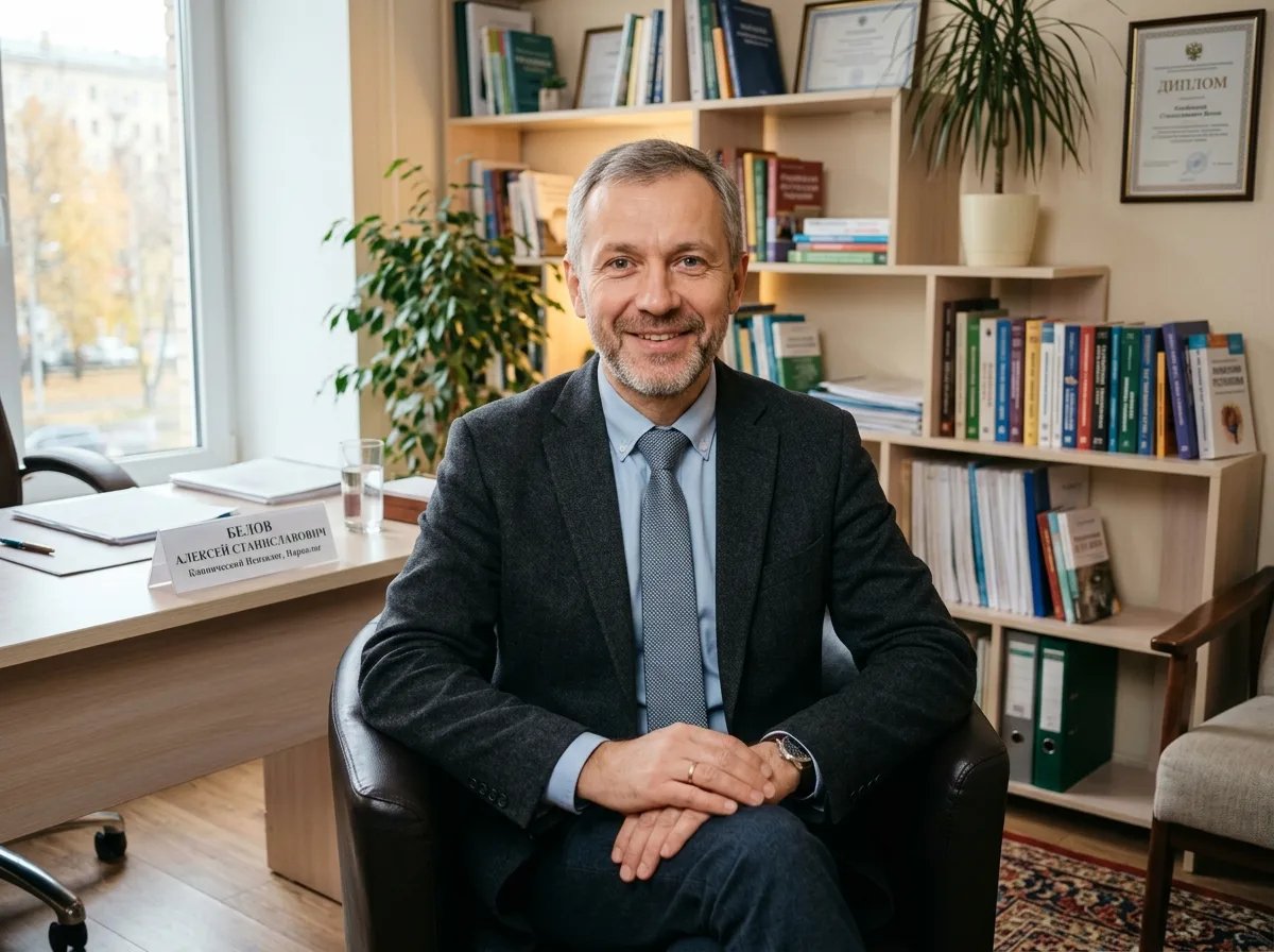 Клинический психолог нарколог Белов Алексей Станиславович, мужчина средних лет в пиджаке, профессиональный психотерапевт, доверительный образ